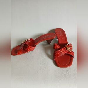 Red Leather Croc-Embossed Slide Sandals Sz6.5M Gold Buckle Detail Kitten Heel